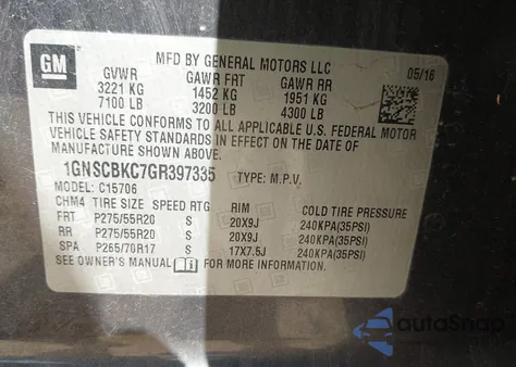 2016 Chevrolet Tahoe Lt из США, поврежденный, VIN 1GNSCBKC7GR397335